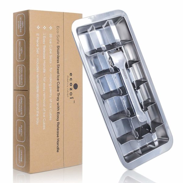 Ecozoi Stainless Steel Metal Ice Cube Tray with Easy Release Handle