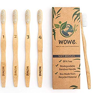 Wowe Natural Organic Bamboo Toothbrush with BPA-Free Bristles - Pack of 4