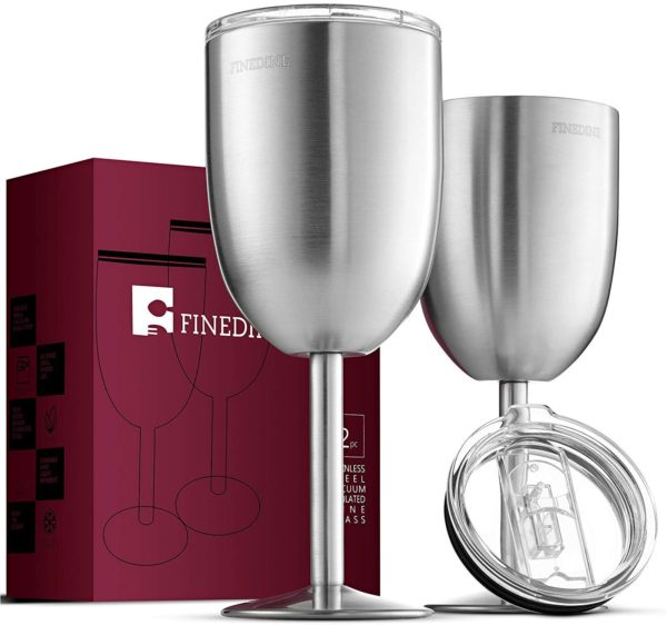 FineDine Premium Grade 18/8 Stainless Steel Wine Glasses 12 Oz. - Set of 2