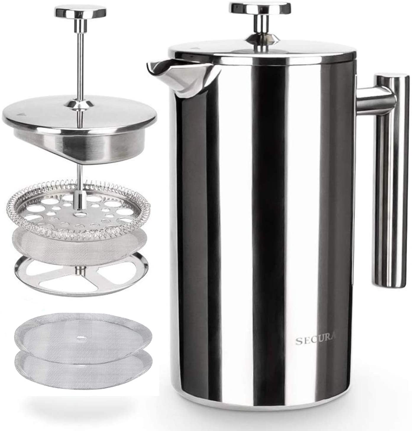Secura Stainless Steel Insulated French Coffee Press with 2 Extra Screens 34Oz.
